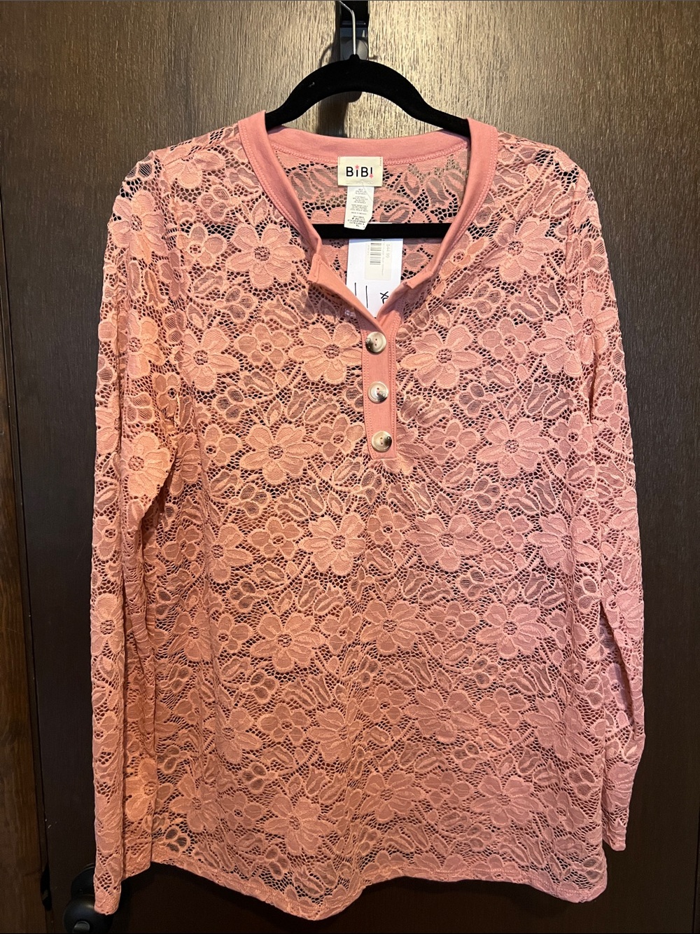 BiBi Dusty Pink Floral Lace Henley Long Sleeve Top